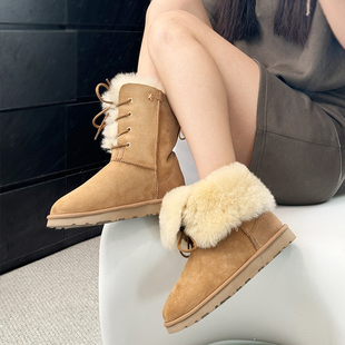 女神鞋 星星 雪地靴女皮毛一体两穿系带蝴蝶结中筒大长靴千颂伊同款