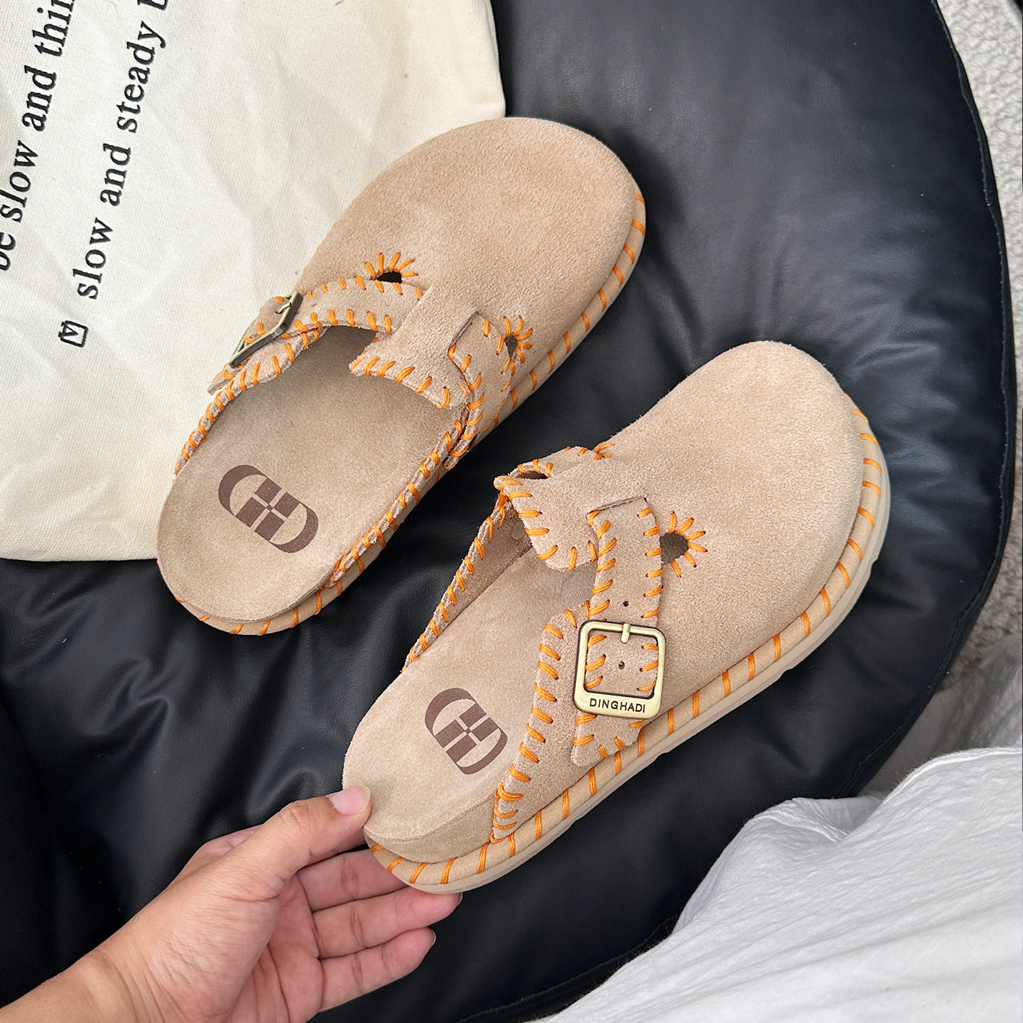 缝线厚底牛皮勃肯鞋包头拖鞋女外穿软木休闲博肯民族风半拖穆勒鞋