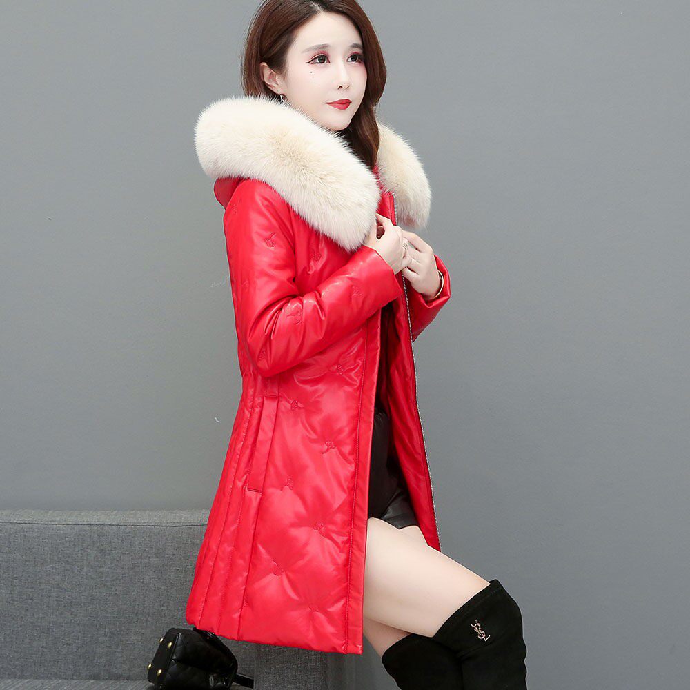 海宁真皮新款羽绒服女绵羊皮中长款狐狸毛韩版修身加厚外套鸭绒冬
