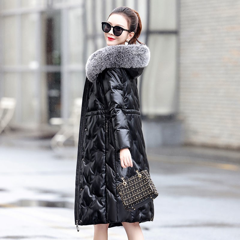 海宁真皮羽绒服女中长款修身加绒加厚狐狸毛领绵羊皮皮衣过膝外套