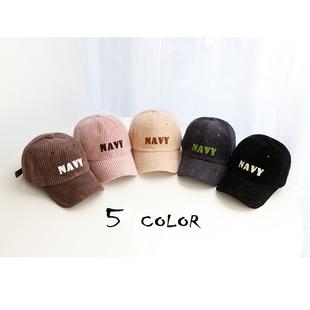 韩国进口灯芯绒粗条纹navy字母刺绣棒球帽秋冬新款女时尚鸭舌帽子