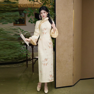 冬季新款柿柿如意针织提花加绒旗袍私服名媛御姐熟女风贵妇长旗袍