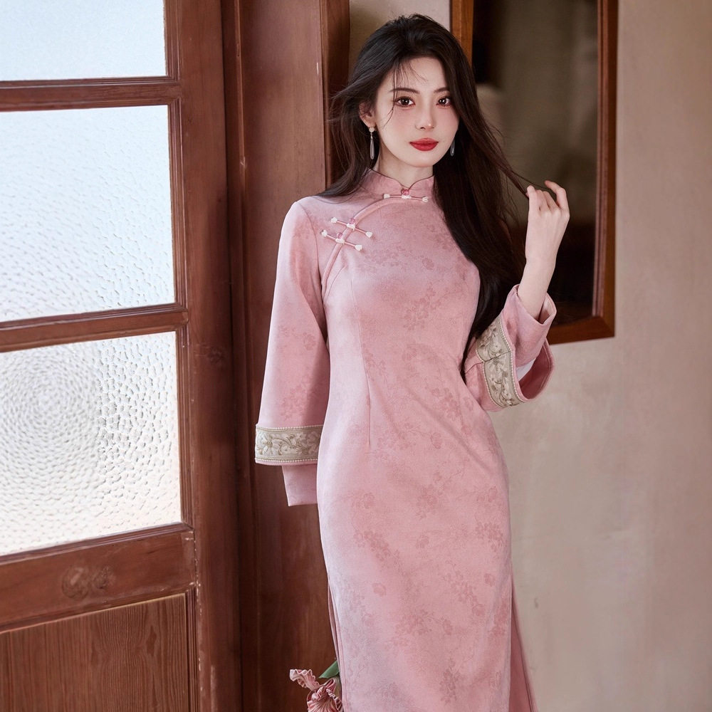 贝之韵粉色素雅新中式改良倒大袖旗袍女2025秋新款日常淑女范旗袍