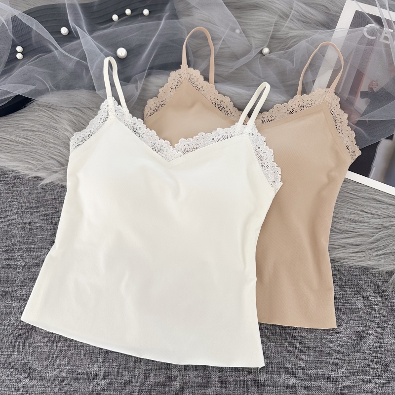 中长款法式粉底液蕾丝边吊带背心女内搭带胸垫一体杯打底美背上衣