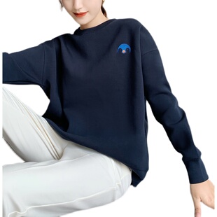 新款加厚长袖套头女卫衣常规加绒宽松圆领刺绣毛圈棉休闲时尚通勤