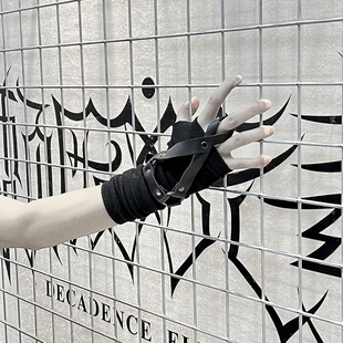 颓废元素暗黑PU皮袖套半指 摇滚演出朋克个性ins机能防护忍者手套