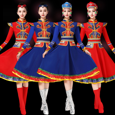 蒙古服装女现代广场民族风大摆裙内蒙古舞蹈演出服成人蒙古袍长裙