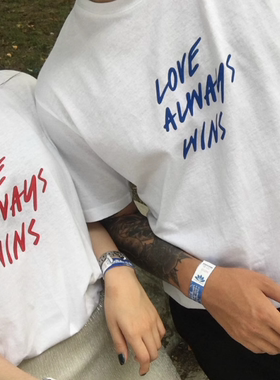 简约字母love always wins短袖t恤女夏季宽松纯棉白色半袖情侣装