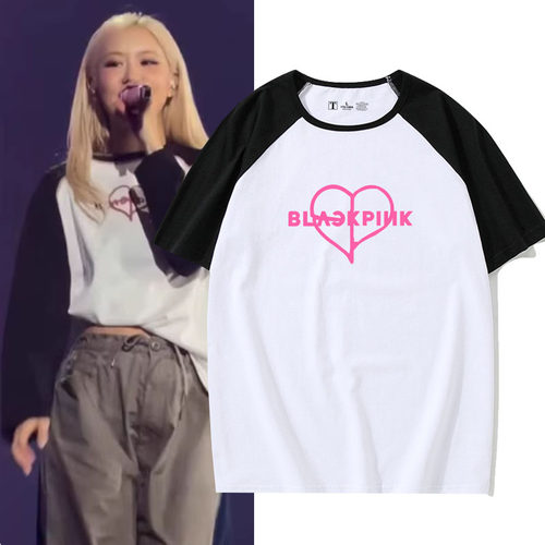 BLACKPINK朴彩英rose同款插肩短袖T恤女纯棉黑白撞色拼接宽松上衣