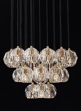 后现代轻奢全通水晶灯LOFT公寓别墅复式楼梯间长吊灯RH吧台灯