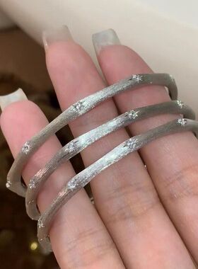 纯银S925中古风拉丝工艺缎带星芒拉丝手镯手链细女款素圈镶钻镯子