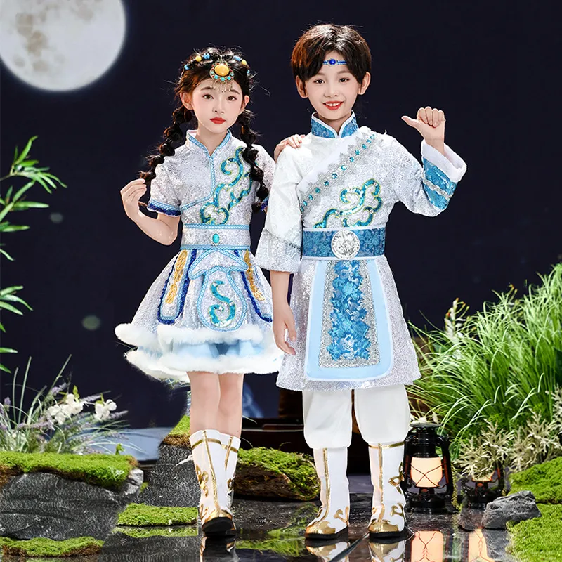 新款儿童藏族演出服装女童蒙古族舞蹈服男童舞蹈服少数民族藏族服