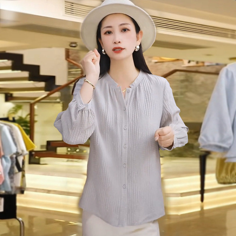 今年流行特惠6069#桑蚕丝衬衫女高货杭州丝绸休闲衬衣立领长袖