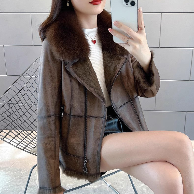 今年流行特惠【深秋美拉德】海宁皮草外套女狐狸毛西装领兔毛内胆