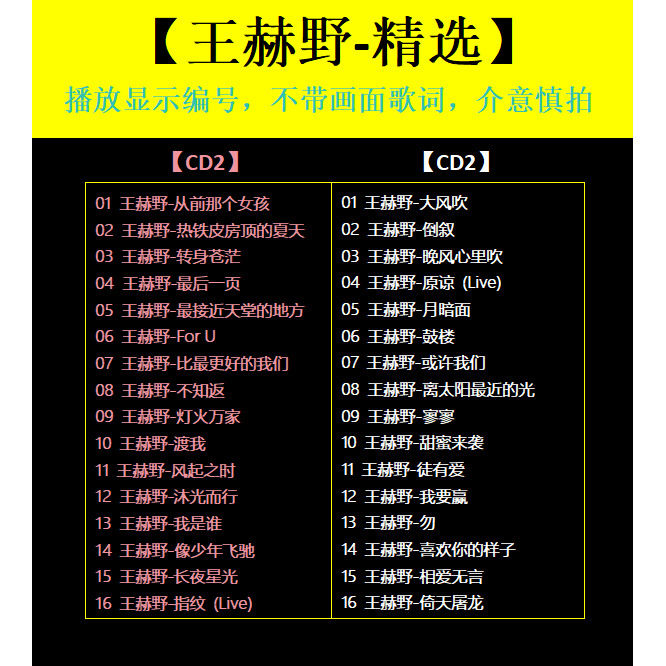 【王赫野-精选CD】2张 车载碟片CD光盘经典成名曲WAV无损音质1709
