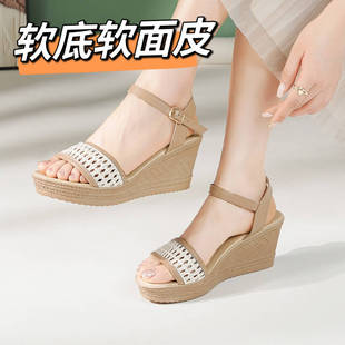 真皮厚底松糕女士高跟增高小个子罗马女鞋 夏季 女2025新款 坡跟凉鞋