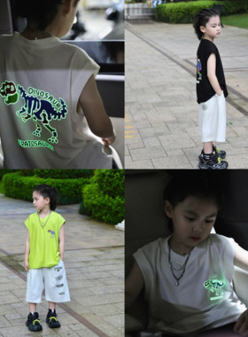 Jimmy妈童装【夜光恐龙】夏季·V领速干篮球服无袖背心