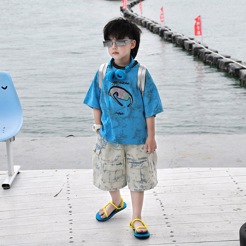Jimmy妈童装【衫融海色】夏季&middot;蓝色扎染卡通墨镜印花轻薄短袖T恤