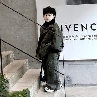 Jimmy妈童装 冬季新款儿童绿色加绒牛仔工装裤外套