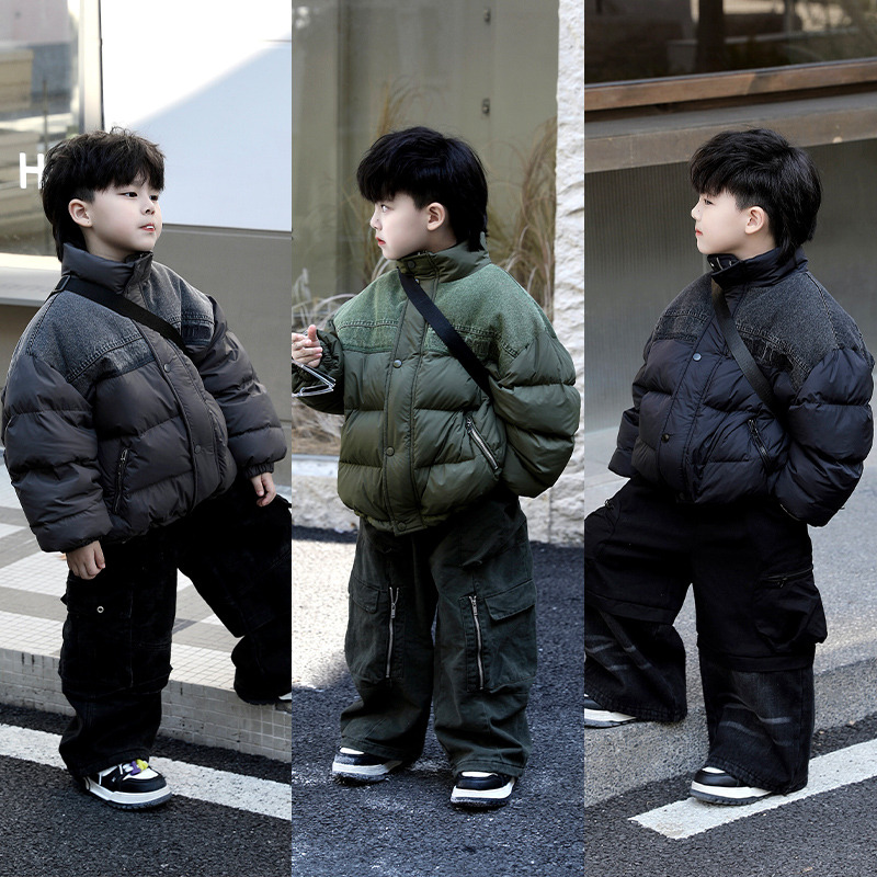 Jimmy妈童装【至奢至暖】冬季新款儿童同色系牛仔拼接立领羽绒服
