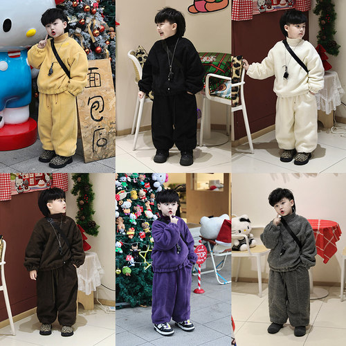 Jimmy妈童装【奶呼呼】冬新款儿童假两件半高领休闲卫衣运动套装