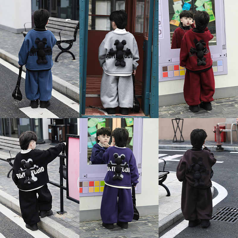 Jimmy妈童装【把熊背身上】儿童加绒假两件卫衣套装