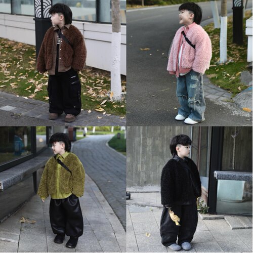 Jimmy妈童装【暖意绒绒】冬季新款儿童毛毛拼皮翻领开衫外套