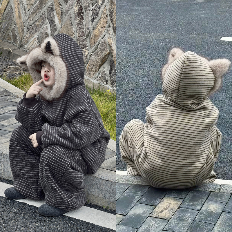 Jimmy妈童装【龙猫】冬季儿童加绒加厚条纹卫衣开衫套装