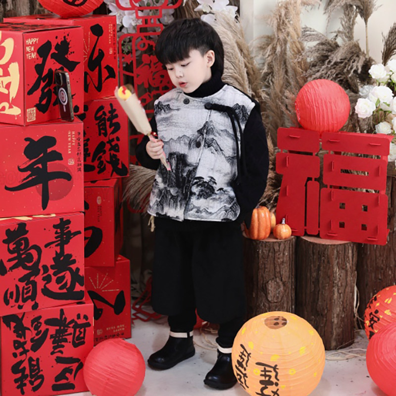 Jimmy妈童装【雾隐山岚】冬新款儿童中式国风马甲假两件加绒短裤,童装/婴儿装/亲子装,套装,淘宝优惠券,粉丝福利购,淘宝优惠卷