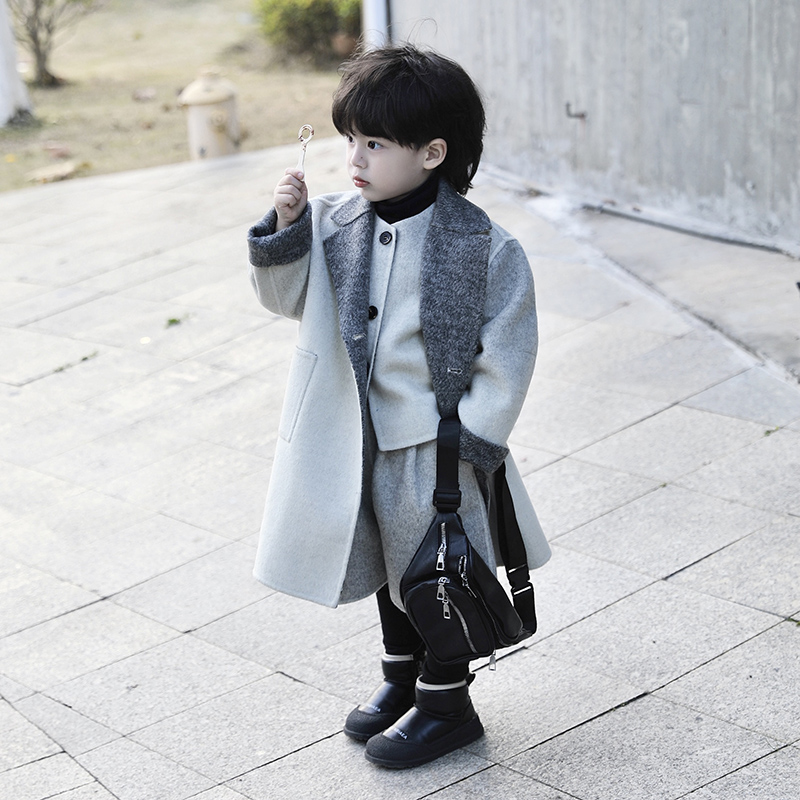 清仓 Jimmy妈童装 财阀少爷儿童冬季渐变双面羊毛大衣三件套装