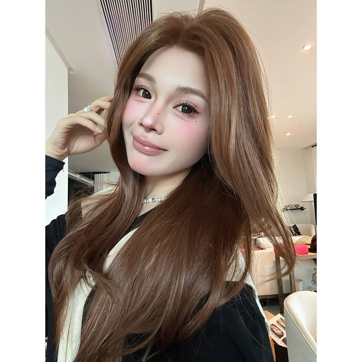 《小情歌》假发女全头套仿真人发丝日常高层次长直发中分亚麻棕色