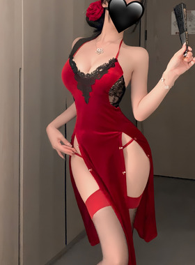 性感睡衣女秋冬丝绒高开衩约会情趣味内衣裙红色高级情调诱惑床上
