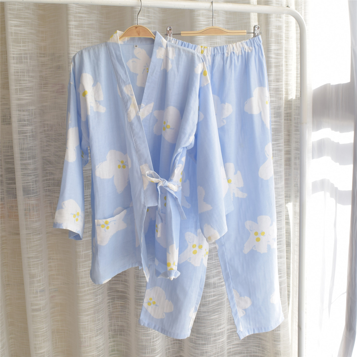 日式和服睡衣女春夏全棉双层纱套装清新花朵长袖系带家居服清货