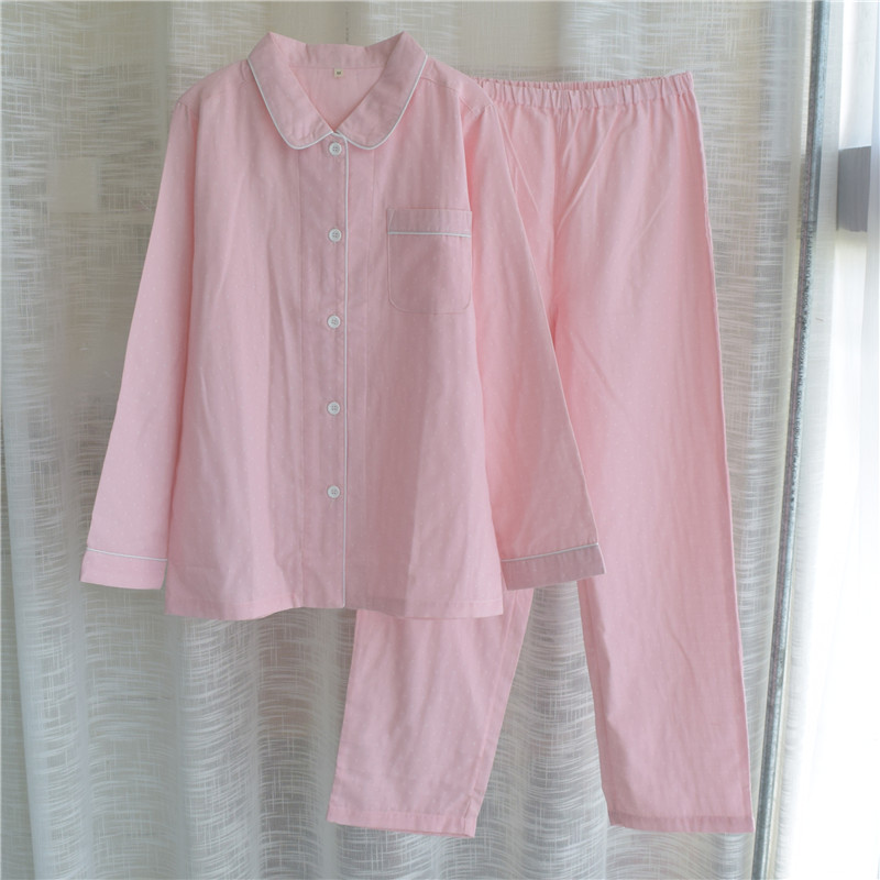 全棉睡衣女春夏双层棉纱长袖日系简约宽松格子家居服薄款长裤套装