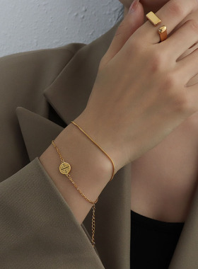 中国风bracelet网红潮款圆牌喜字双层蛇链手链钛钢18k金手饰手链
