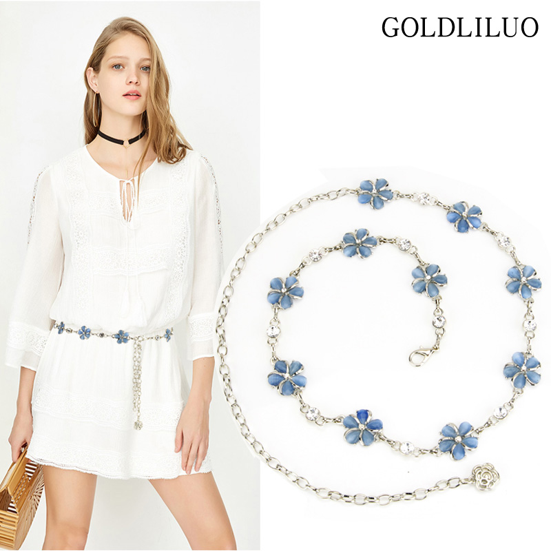 2025新品女士金属腰链 装饰连衣裙毛衣 时尚水钻花朵细腰带链子潮