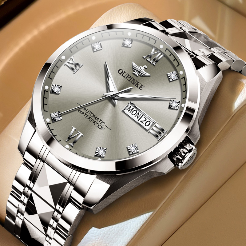 欧品客双日历男士手表机械表防水