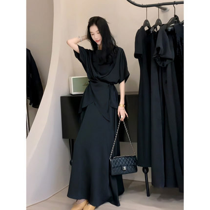 2813大码女装缎面套装裙胖mm不规则系带衬衫遮肉高腰半身裙两件套