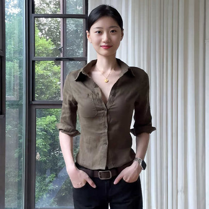 美式休闲翻领正肩七分袖亚麻衬衫女早春新款修身收腰短款百搭上衣