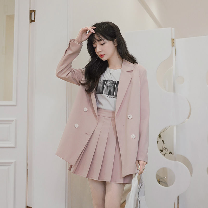 粉色西装套装女2024春秋小个子学院风减龄网红高级感百褶裙两件套