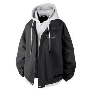 男女同款假两件外套春秋季高街工装潮牌连帽夹克宽松帅气冲锋衣服