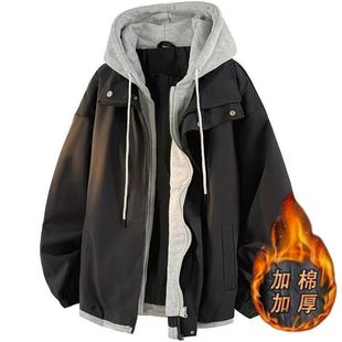 美式 假两件宽松痞帅夹克 高街加棉加厚男女外套情侣连帽2025秋冬季