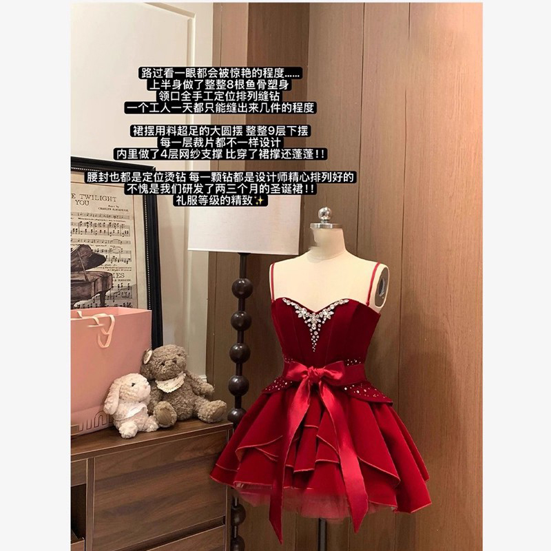 小礼裙复古红丝绒连衣裙+腰封