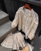  清仓重工100%苎麻刺绣花边宽松上衣半身裙时尚 甜美套装