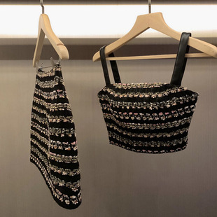 自制23早春粗花呢拼皮背心短裙显瘦套装