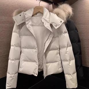 90白鸭绒收腰版羽绒服女冬季短款白色修身可拆卸毛领外套