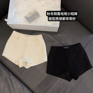 50%羊毛黑白日常简约百搭短裤显瘦薄毛呢裤子休闲直筒裤