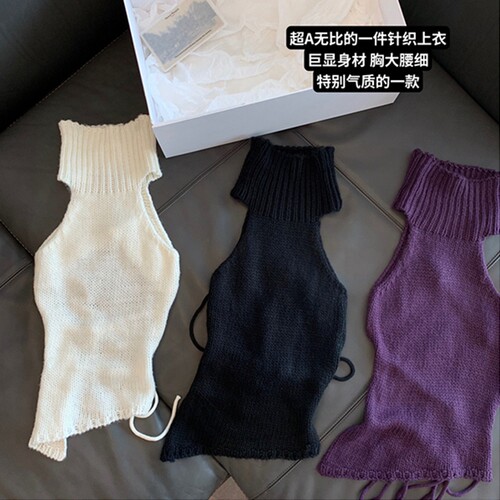【胸大腰细身材拿捏】高领性感露背针织显瘦无袖毛衣上衣