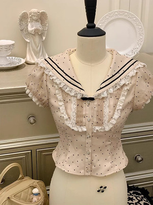 「甜心波点」古早奶茶色少女秘事氛围感穿搭风琴褶海军领