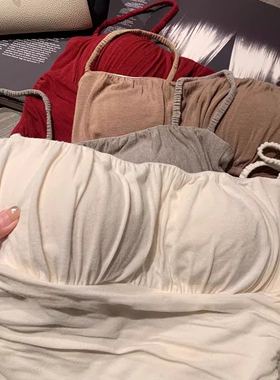 灰色胸垫人棉褶皱吊带背心女短款性感修身百搭内搭上衣